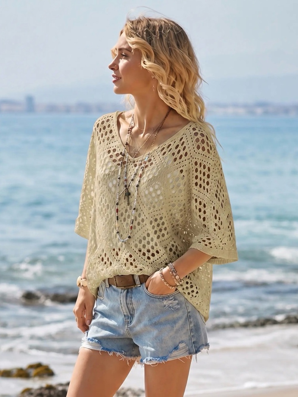 Creamy Beige Open Weave Diamond Crochet Knit Batwing Beach Top